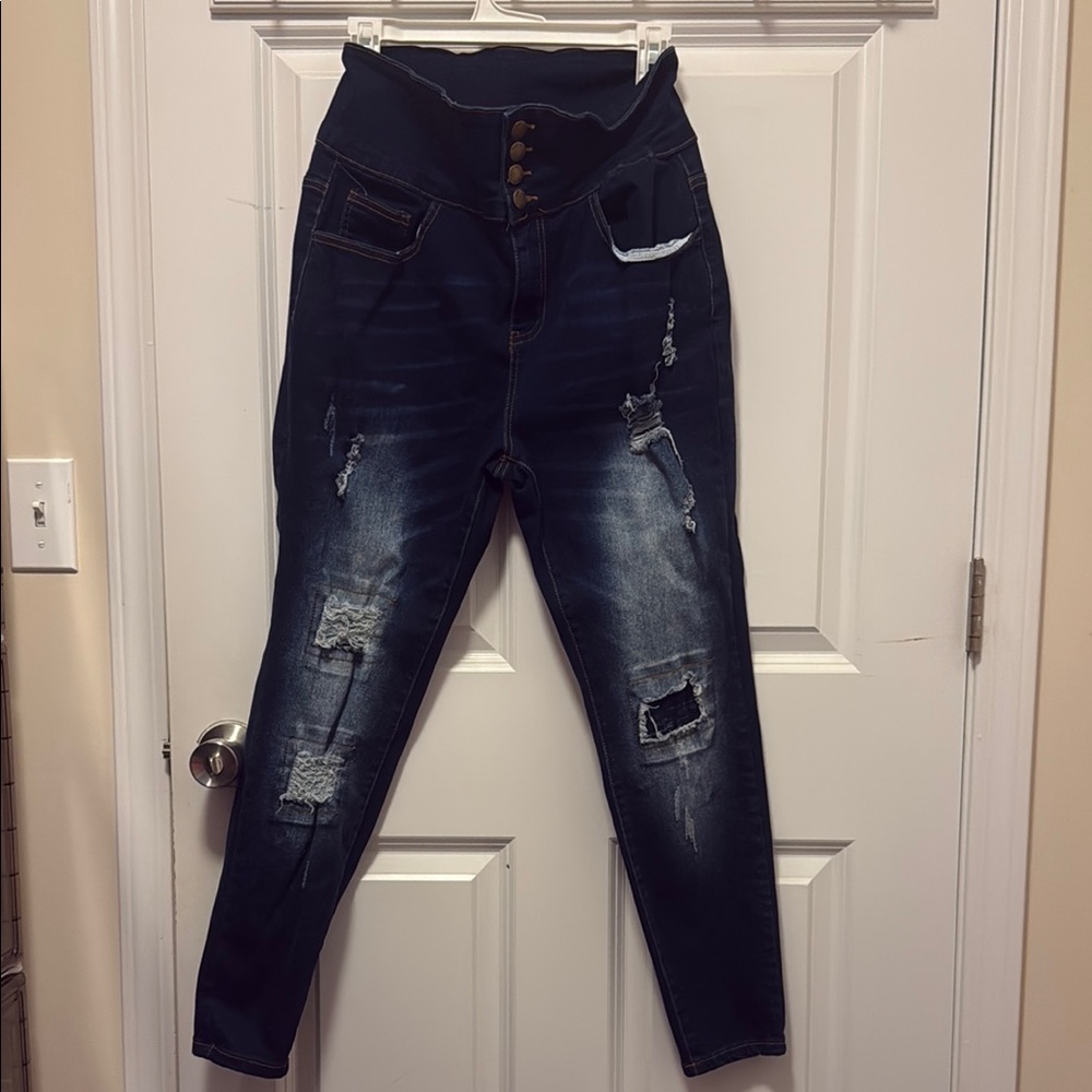 Women's Distressed High-Waisted Jeans - Dark Blue